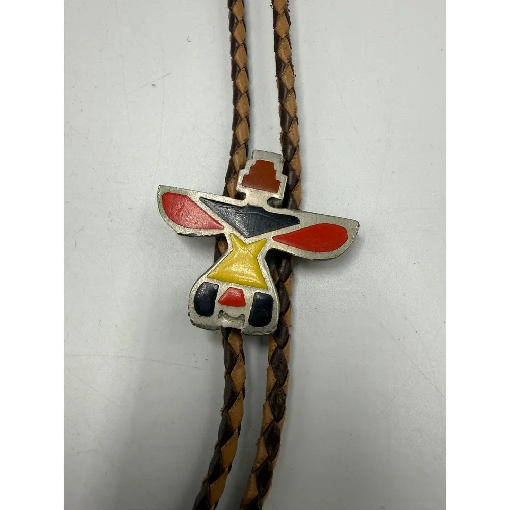 Vintage Thunderbird Bolo Tie Western Southwestern Enamel Inlay Braided Cord